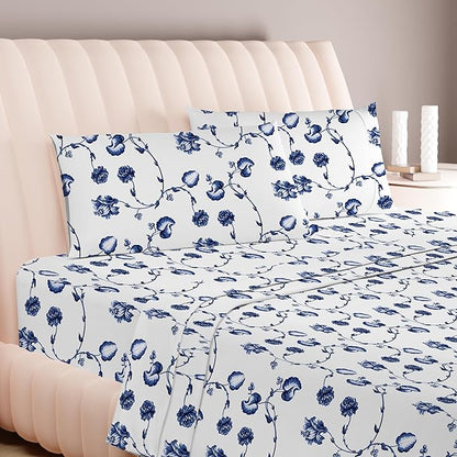 Carressa Linen 100% Egyptian Cotton Printed Bed Sheets - 600 Thread Count 4 PC Full Sheet Set, Hotel Luxury Sateen Bedsheets, 16" Deep Pocket Soft Cooling Sheets for Full Size Bed - Floral Blue