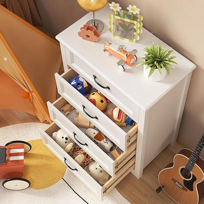 Gizoon Dresser for Bedroom with 4 Drawers Wooden Chest of Drawers for Closet Dresser Storage Unit Organizer for Hallway Living Room and Office, White