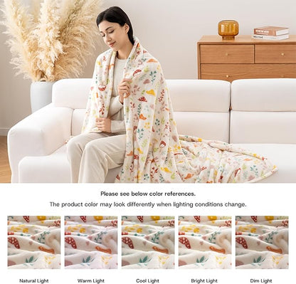Luxury Printed Fleece Warm Blanket, Soft Lightweight Velvety Plush Throw for Couch and Bed, Cozy Comfy for All Seasons(Cream Various Mushrooms, 70×90 Inches)