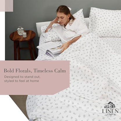 Linen Home 100% Cotton Printed Percale Sheets King Size, Deep Pocket, 4 Pieces Set - 1 Flat, 1 Deep Pocket Fitted Sheet and 2 Pillowcases, Crisp Cool and Strong Bed Linen, Mauve Silhouette Floral