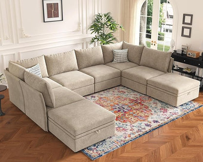 ABCASA 136.4" Oversized Modular Sectional Sleeper Sofa Bed, U Shaped Convertible Couch with Movable Ottoman, Large 8 Seat Corner Couches for Living Room Deep Seat Beige Chenille