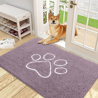 OLANLY Dog Door Mat for Muddy Paws 48x30, Paw Print Design, Absorbs Moisture and Dirt, Absorbent Non-Slip Washable Doormat, Quick Dry Chenille Mud Mat, Entry Indoor Entryway Carpet, Deep Plum