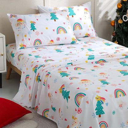 JSD Christmas Kids Sheet Set Full Size, 4 Piece Rainbow Christmas Tree Printed Microfiber Bed Sheets Deep Pocket