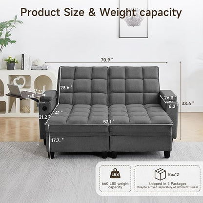 70.9" Chaise Lounge Chair Indoor, Oversized Boucle Upholstered Sofa Bed, Adjustable Backrest Deep Seat Reading Chair, Sofas Couches for Living Room with Storage, Cup Holders & 360° Swivel Side Table