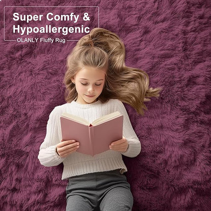 OLANLY 5x8 Machine Washable Large Area Rugs for Living Room, Bedroom, Soft Fluffy Shaggy Bedside Rug, Indoor Floor Carpet for Kids Girls and Boys, Dorms, Nursery, Home Decor Aesthetic, Burgundy