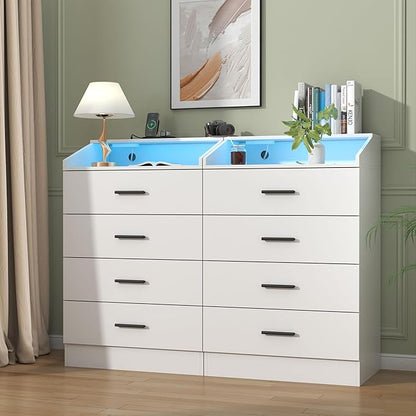 4 Drawers Dresser with Power Outlet, Chest of Drawers with LED Light, White Dresser Organizer with Open Storage Cubby, Modern Nightshatnd for Bedroom, Living Room, Entryway, Hallway