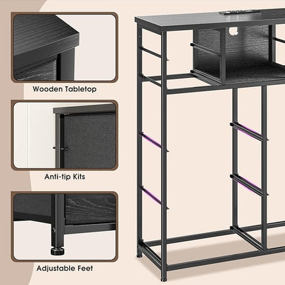 Dresser for Bedroom with 10 Drawers Featuring LED Light and Power Outlet, Fabric Dressers & Chest of Drawers with Open Shelves for Hallway, Living Room, Metal Frame,Wood Top,Grain Black