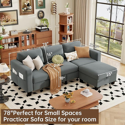 ZeeFu Sectional and Sofa Couches for Living Room - 78'' 3 Seater L-Shaped Modular Couch with Storage Ottoman - Modern Velevt Fabric Upholstered Sofa Set for Small Space Apartment Office