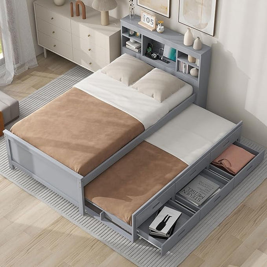 Platform Bed with Storage Headboard, USB, Twin Size Trundle and 3 Drawers, Twin Size, Gray