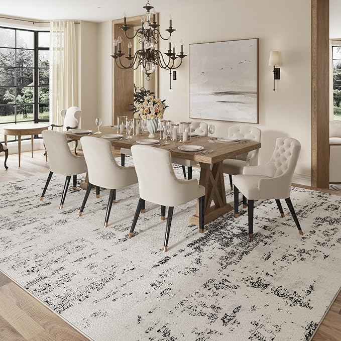 Area Rugs 8x10, Modern Abstract Machine Washable Rugs for Living Room Thin Carpet Indoor Floor Non-Shedding Carpets for Bedroom Dining Room Farmhouse Home Office | Black White