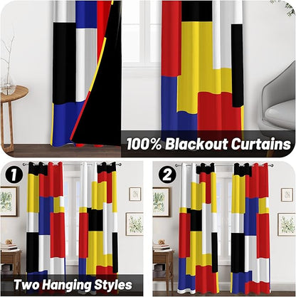 Colorful 100% Blackout Curtains for Bedroom 84 inch Long 2 Panels Set Red Yellow Modern Abstract Geometric Black Out Curtains Insulated Room Darkening Window Drapes for Living Room, 52Wx84L
