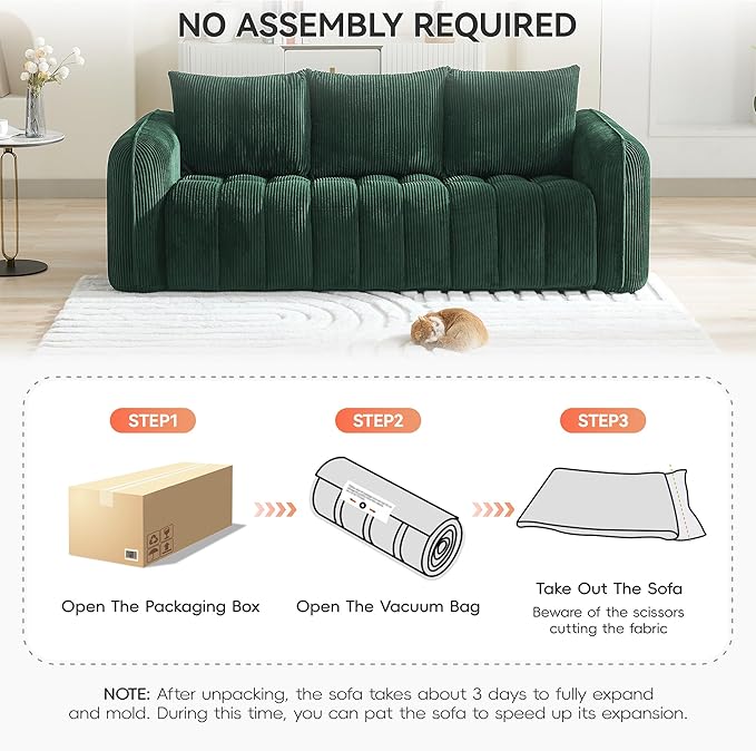 Corduroy Boneless Living Room Sets, Modern Upholstered 3 Seater Sofa with 2 Signle Accent Chairs, Comfy Deep Seat Cloud Sofa Couch Sets for Living Room, Green
