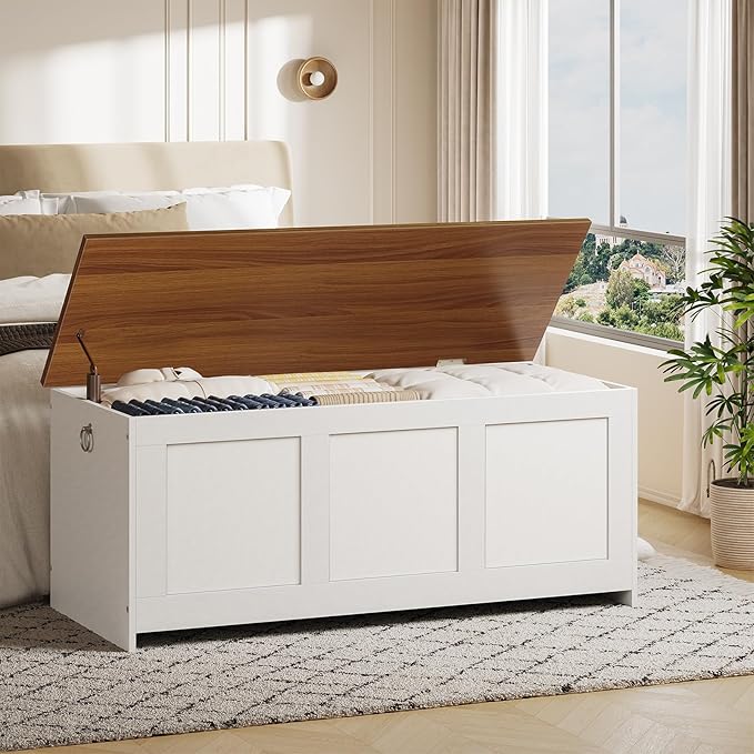 HOOBRO Storage Bench, 43.3" Retro Wooden Storage Chest, Wooden Storage Trunk, Toy Chest with Lift Top, Multifunctional Entryway Organizer, for Entryway, Living Room, White and Walnut WH411CW01