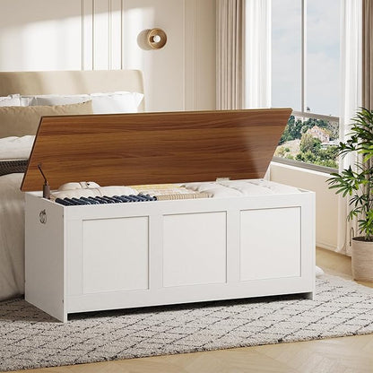 HOOBRO Storage Bench, 43.3" Retro Wooden Storage Chest, Wooden Storage Trunk, Toy Chest with Lift Top, Multifunctional Entryway Organizer, for Entryway, Living Room, White and Walnut WH411CW01