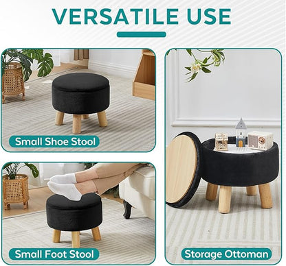 FIMIVIBI Small Foot Stool Ottoman with Storage, Soft Faux Fur Ottoman Foot Rest for Couch, Round Footstool with Storage, Small Ottomans and Footstools for Living Room and Entryway (Black)