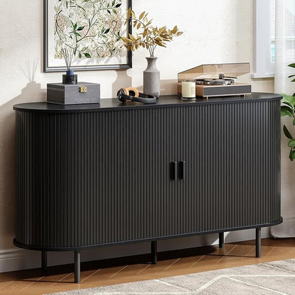 Buffet Cabinet with Storage, Fluted Sideboard Buffet with Sliding Door, Coffee Bar Cabinet with Adjustable Shelf, Console Table, Accent Table for Entryway, Kitchen (Black, 55 Inch)