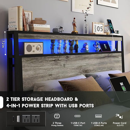 Queen Size Bed Frame with 4 Storage Drawers and Headboard with Charging Station and LED Lights,2 Tier Solid Wood Headboard Storage/Noise Free/No Box Spring Needed/Remote Control/Rustic Grey