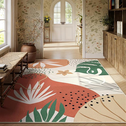Lahome 8x10 Rugs for Living Room, Bedroom Rug 8x10 Under Bed Soft Kids Nursery Carpet, Boho Botanical Print Non-Slip Low Pile Carpet for Dining Room Office Playroom, Coral