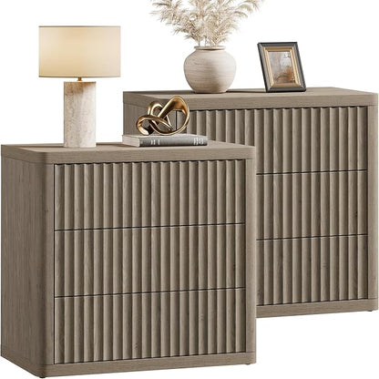 SICOTAS Night Stand Set 2 - Oversized Extra Large Bedside Table Modern Side Table with Storage Fluted 3 Drawer Nightstand 27.5" W End Tables Dorm Room Nightstands for Bedroom Sofa Couch Home Office