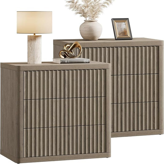 SICOTAS Night Stand Set 2 - Oversized Extra Large Bedside Table Modern Side Table with Storage Fluted 3 Drawer Nightstand 27.5" W End Tables Dorm Room Nightstands for Bedroom Sofa Couch Home Office