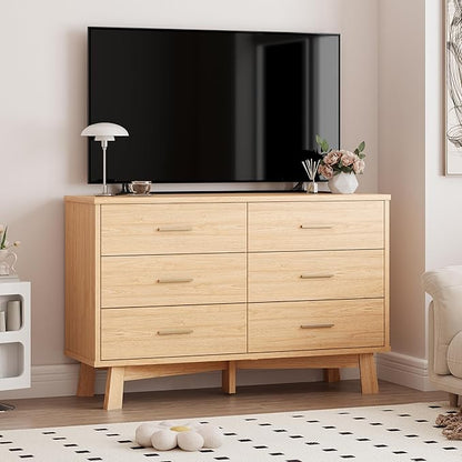 Dresser for Bedroom, 6 Drawer Wide Modern Chest of Drawers with X-Shaped Sturdy Base, Wood Double Dresser Closet Clothes Storage Organizer, Wooden TV Stand for Living Room, Hallway, Oak