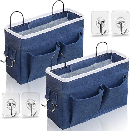 Kanrichu 2pcs Middle Wall Hanging Organizer Bag, Linen Fabric Door Hanging Storage Basket with Pockets, Waterproof Bin for Kitchen, Bedroom, Office, RV Camper (Blue)