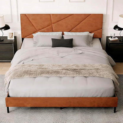 Upholstered Queen Size Platform Bed Frame with Faux Leather Padded Headboard, Sturdy Metal Slats Support, No Box Spring Needed, Vintage Brown