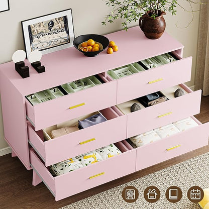 Dresser for Bedroom with 6-Drawer, 47.2" Modern Chest of Drawers with Metal Handles, X-Shape Base & Adjustable Center Leg, Anti-Tip Closet Organizers and Storage