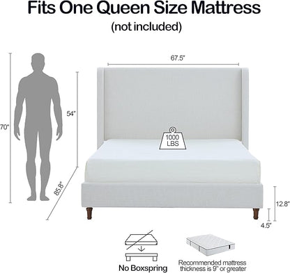 Queen Size Upholstered Bed Frame, 54" Tall Headboard Curved Wingback Platform Bed Frame/Elegant Boucle Bed Frame for Bedroom/ Wood Slats Support/No Box Spring Needed/Easy Assembly/Cream White Boucle