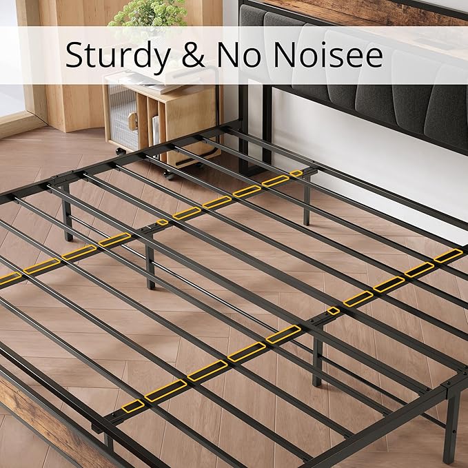 LIKIMIO King Size Bed Frame, Storage Headboard with Charging Station, Solid and Stable, Noise Free, No Box Spring Needed, Easy Assembly