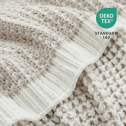 Amélie Home Waffle Chenille Throw Blanket for Couch, Pineapple Stitch Knit Soft Cozy Knit Blanket Decorative Throw for Sofa, Chair, 60"x80", Beige&Ivory
