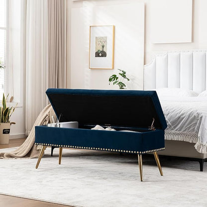 Velvet Storage Bench with Gold Legs& Nailhead Trim, 46" Wide Upholstered Modern Bedroom Bench for End of Bed, Tufted Ottoman for Entryway Living Room Dining Room (Navy Blue, 46" Wide)