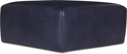 POLY & BARK Sequoia Ottoman – 35” Square Pouf with Feather-Down Topper – Full-Grain Leather Upholstered Pouf Ottoman for Living Room – Italian Leather in Midnight Blue