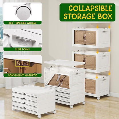 Storage Bins with Lids and Wheels, 660QT-165QT*4Tier Collapsible Bathroom Storage Cabinet with Clear Doors, Plastic Stackable Closet Organizers and Containers White