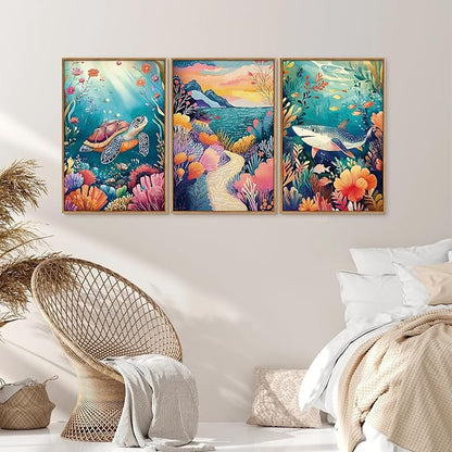 YeeHomedec Large Watercolor Ocean Themed Framed Canvas Wall Art, Sea Turtle Shark Wall Decor, Coastal Nature Landscape Art Print, Marine Life Poster for Kids Nursery Classroom Boys Bedroom 16"x24"x3