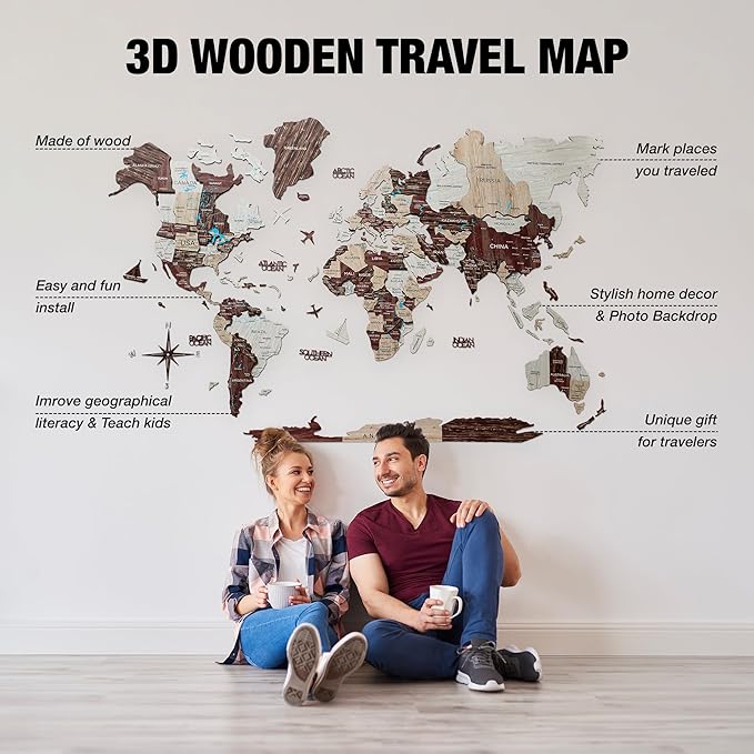 Handmade 3D Wood World Map Wall Art Large Wall Decor Track Your World Travels - Special for Home, Kitchen and Office (Medium, Cappuccino)