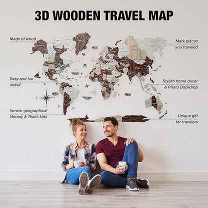 Handmade 3D Wood World Map Wall Art Large Wall Decor Track Your World Travels - Special for Home, Kitchen and Office (Large, Cappuccino)