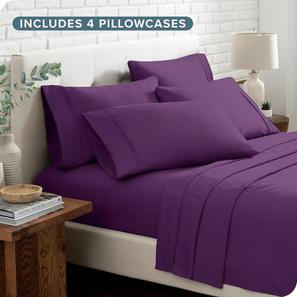 Bare Home Hotel Luxury Queen Sheet Set, Extra Soft - 6 Piece Set - Deep Pockets - Easy Fit - Cooling & Breathable - Wrinkle, Fade, Stain Resistant - Includes 4 Pillowcases (Queen, Plum)