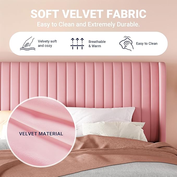 Allewie Queen Size Velvet Bed Frame/Vertical Channel Tufted Wingback Headboard/Upholstered Platform Bed/Strong Wooden Slats/No Box Spring Needed/Easy Assembly/Pink