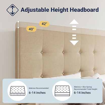 Allewie Upholstered Full Size Platform Bed Frame with 4 Storage Drawers and Headboard, Square Stitched Button Tufted, Mattress Foundation with Wooden Slats Support, No Box Spring Needed, Beige