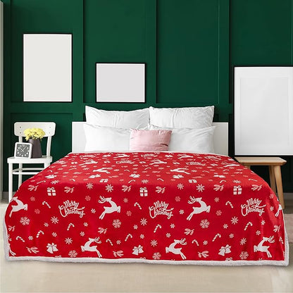 PAVILIA Red Reindeer Christmas Sherpa Throw Blanket, Ultra Soft Reversible Fleece Sherpa 60x80 Winter Blanket for Couch & Bed, Cozy Christmas Home Decor Holiday
