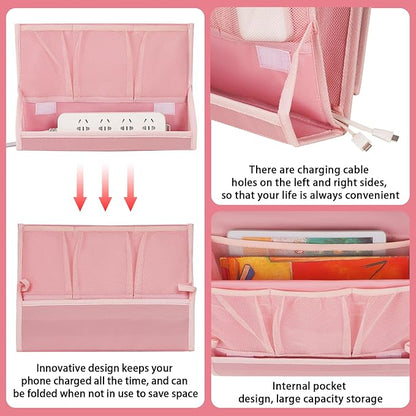 Bedside Caddy Bedside Storage Organizer Bedside Organizer with Power Strip Holder and 2 Adjustable Straps for Home Bunk Bed College Dorm Sofa (2 Pack Pink)