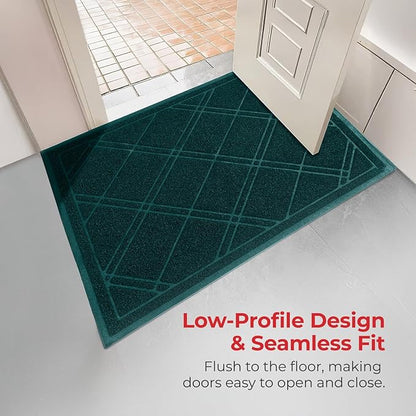 SlipToGrip Entryway Mat for Indoor Outdoor Use - No-Slip Front Doormat for Outside Entrance - 42 x 35 Inch Washable Outdoor Mat with Green Plaid Design for Porch, Garage, and Patio