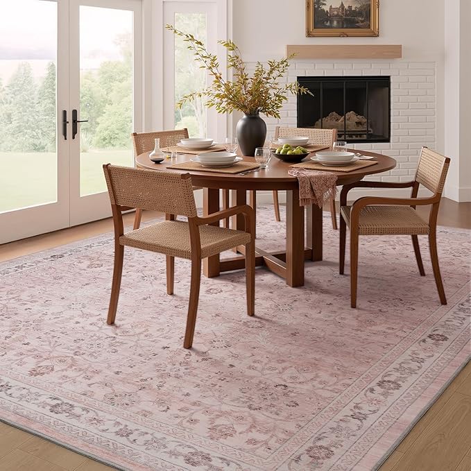MontVoo-Vintage Area Rugs 8X10 Pink Rugs for Living Room-Soft Distressed Printed Rugs for Bedroom-Non Slip Carpet-Machine Washable Rug for Dining Room Living Room Bedside Office