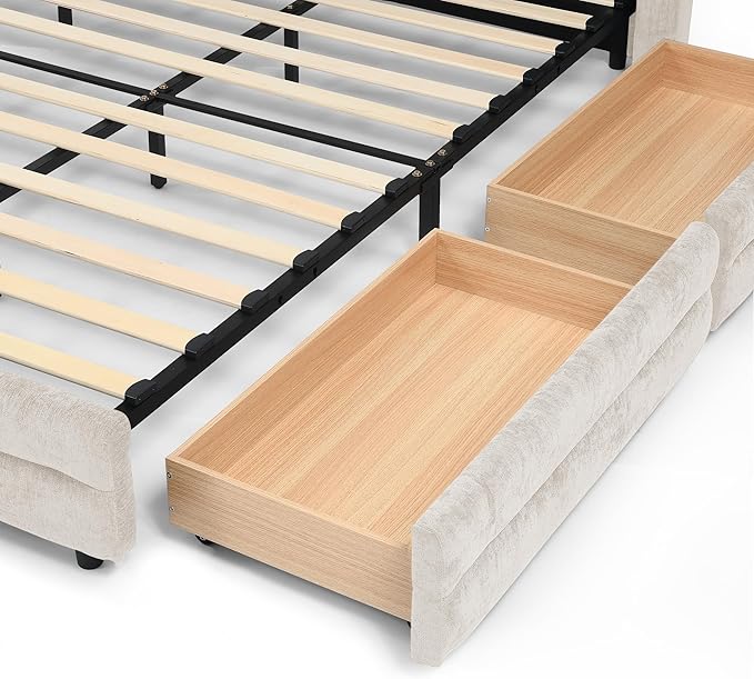 DEINPPA Queen Size Bed Frame with 4 Storage Drawers and Cloud Soft Headboard, Chenille Upholstered Grounded Wood Base Bed Frame, No Box Spring Needed-Beige