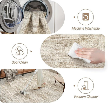 9x9 Brown Round Rug 9ft Living Room Circle Rug Vintage Round Area Rug Non Slip Indoor Carpet for Apartment