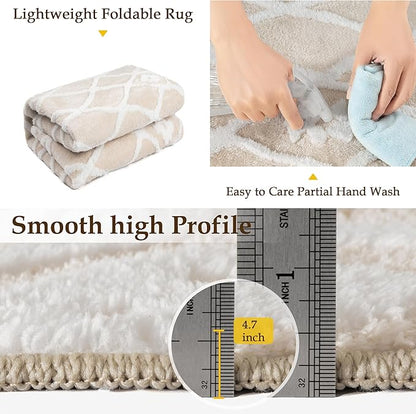 Ivory 6x9 Area Rug Moroccan Shag Living Room Washable Carpet Soft Non Shedding Neutral Boho Plush Pile Modern Large Throw Rug for Office Bedroom Dining Room Playroom