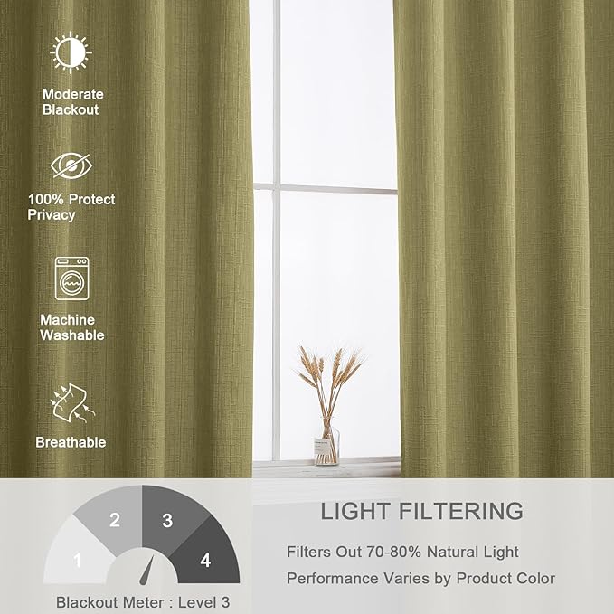 Jacquard Linen Curtains 96 inch Length 2 Panels Thick Faux Linen Blended Window Drapes Burlap Textured Curtains with Grommet for Living Room Bedroom Farmhouse (52x96 Olive Green) Natural