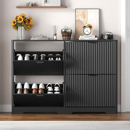 Shoe Cabinet Storage for Entryway with 4 Flip Drawers, Black Fluted Shoe Cabinet with Adjustable Shelves, Wooden Hidden Shoe Rack Freestanding Narrow Slim Shoes Storage for Hallway, Entrance