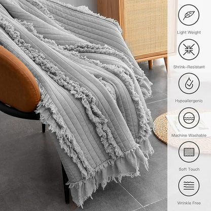 HORIMOTE HOME Stone Washed Quilted Throw Blanket with Ruffle Fringe Design - Soft & Chic Rustic Decorative Blanket for Couch, Bed, Chair - Pre-Washed Grey Boho Style - 50"x60"